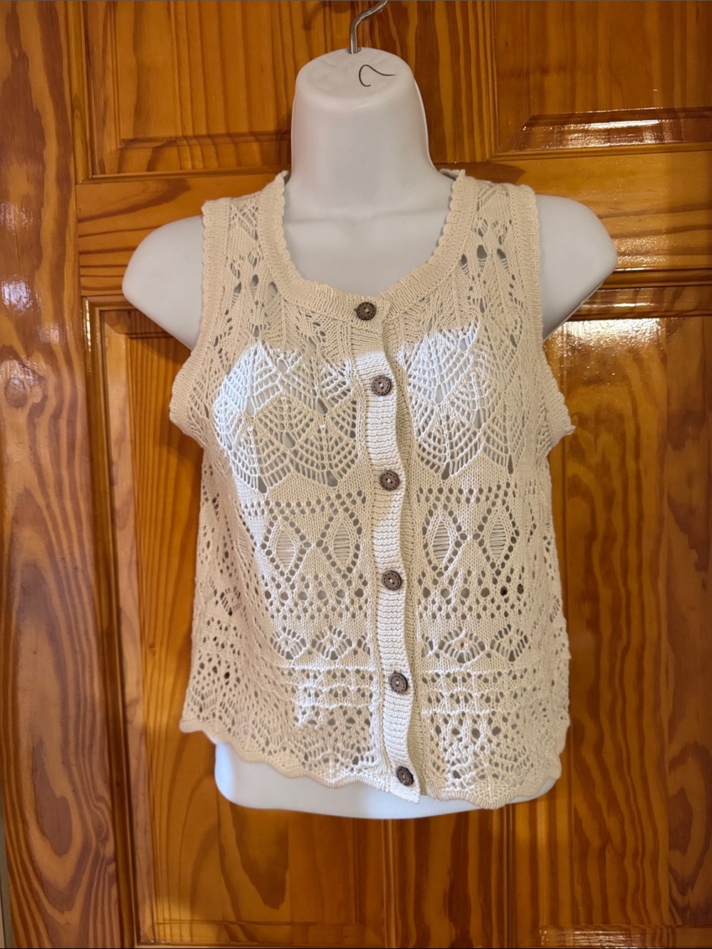 Cream Crochet Button-Front Sleeveless Vest. 100% cotton